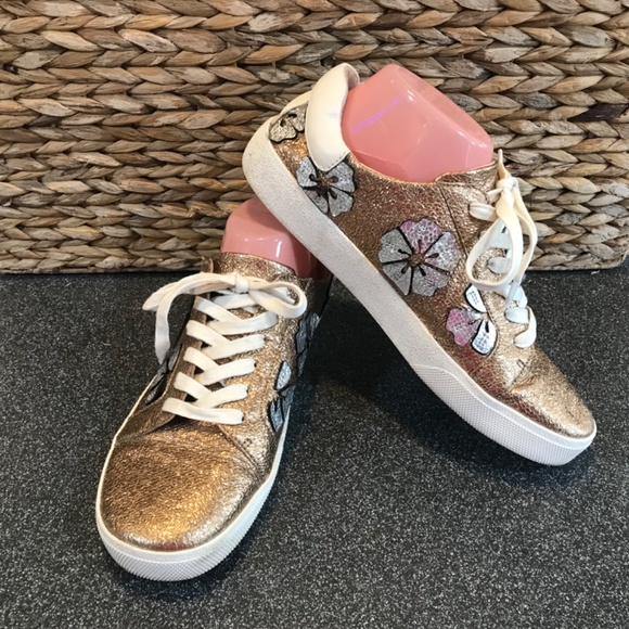 Vince Camuto Leather Claudia Gold and Silver Lace-up Metallic Sneakers - Picture 3 of 15